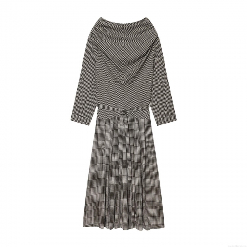 Women's Houndstooth Plaid Long Sleeve Cowl Neck Midi Dress With Back Bow Tie And Belt High Waist Wide Pleated Winter Casual Daily Splicing Dress For Ladies