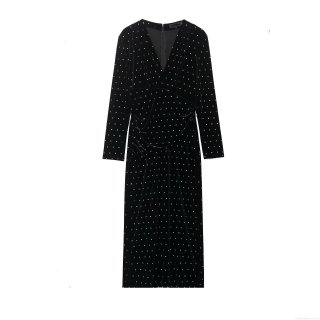 Elegant Deep V-Neck Velvet Midi Dress For Women Sexy Long Sleeve Rhinestone Studded Slim Fit Party Gown Autumn Winter Evening Clubwear Dress