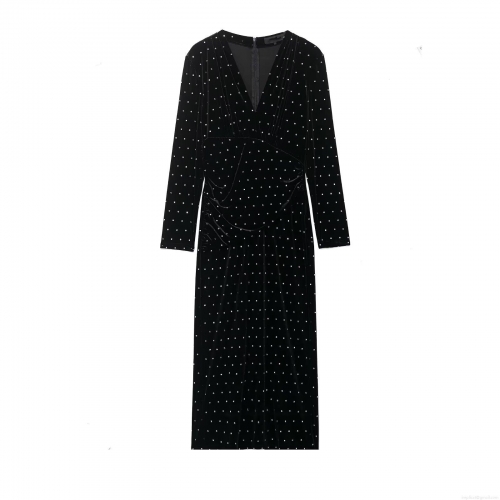 Elegant Deep V-Neck Velvet Midi Dress For Women Sexy Long Sleeve Rhinestone Studded Slim Fit Party Gown Autumn Winter Evening Clubwear Dress