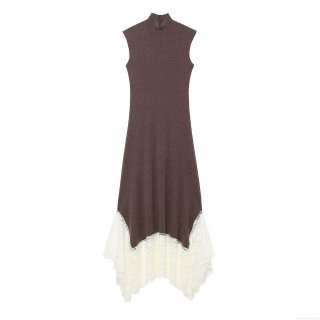 Women's Sleeveless Mock Neck Midi Dress Elegant Patchwork Lace Hem Knit Slim Fit Sexy Bodycon Dress For Party Banquet Daily Brown White