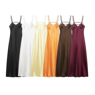 Women Sexy Backless Satin Midi Dress Elegant V-Neck Spaghetti Strap High Waist Silk-Like Party Evening Dress 100% Polyester Sleeveless Summer Cocktail Dress