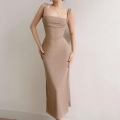 Women Sexy Backless Ribbed Knit Maxi Dress Square Neck Sleeveless Tie Back Slim Fit Bodycon Summer Elegant Long Dress