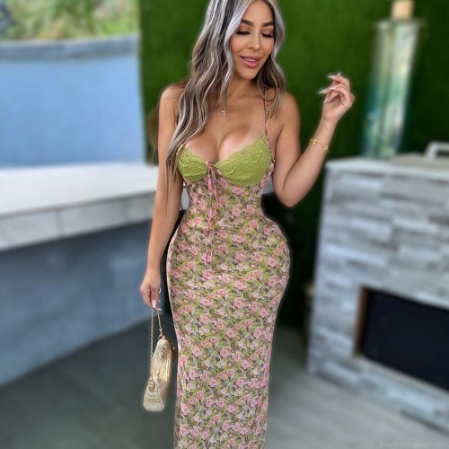 Women Sexy Floral Lace Patchwork Cami Maxi Dress Backless Lace Up V Neck Slim Fit Summer Vacation Party Club Evening Long Dress Polyester Spandex