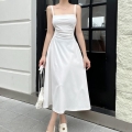 Women's Elegant Square Neck Spaghetti Strap Midi Dress Ruched Waist A-Line Solid Color Summer Party Evening Dresses