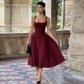 French Retro Square Neck Sleeveless Backless High Waist A-Line Maxi Dress Elegant Solid Color Polyester Spandex Dress for Women Evening Party