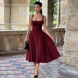 French Retro Square Neck Sleeveless Backless High Waist A-Line Maxi Dress Elegant Solid Color Polyester Spandex Dress for Women Evening Party