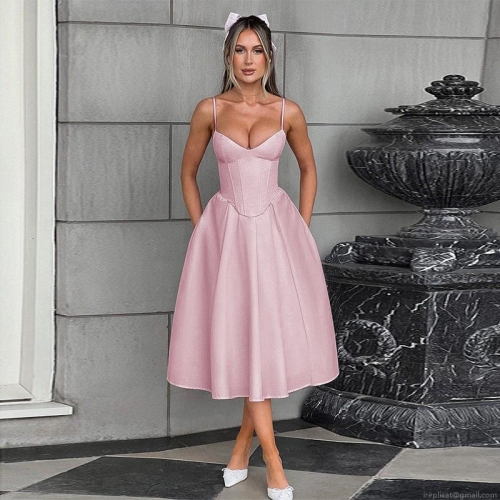 Women Sexy Satin Cami Dress Corset Waist A-Line Midi Dress V-Neck Sleeveless Party Evening Clubwear Solid Color Slim Fit Gown For Lady Summer Spring