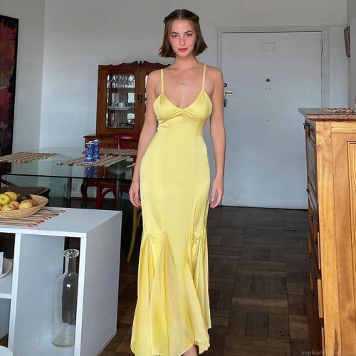 Women's Sexy Backless Satin Midi Dress V-Neck Spaghetti Strap Slim Fit Ruffle Fishtail Slip Dress For Party Evening Vacation Elegant French Style Lady Sundress