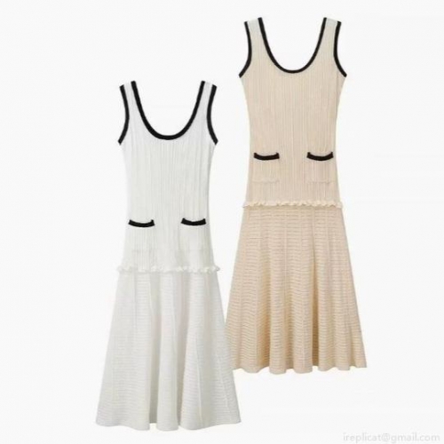 Women's Elegant Contrast Trim Knit Vest Dress Sleeveless U-Neck Midi A-Line Dress Solid Crochet Hem Bodycon Party Summer Beach Clubwear Dress