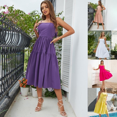 Women's Summer Bohemian Midi Dress Backless Tiered Ruffle Cake Skirt With Large Bow Spaghetti Strap Woven Polyester Sundress For Beach Vacation Party