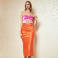 Sexy Satin Splicing Strapless Midi Dress Pink Orange Patchwork Backless Bodycon Party Dress For Women Elegant Sleeveless Bow Rhinestone Cut-out Clubwear
