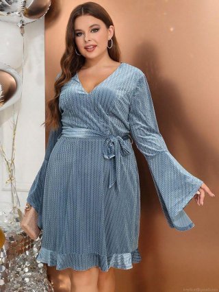 Women's Plus Size Midi Dress Elegant V-Neck Flare Long Sleeve Tie Waist Ruffle Hem Wavy Textured Polyester Spandex Dress For Party Evening Autumn Dusty Blue