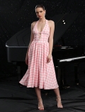 Women Gingham Dress Halter Neck Pink White Elegant Hepburn Style Bow Knot Hollow Out High Waist A-Line Swing Summer Vacation Maxi Sundress