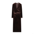 Elegant Deep V-Neck Velvet Midi Dress For Women Slim Fit Ruched Long Sleeve Polyester Velveteen Evening Party Dress Cocktail Bodycon Gown