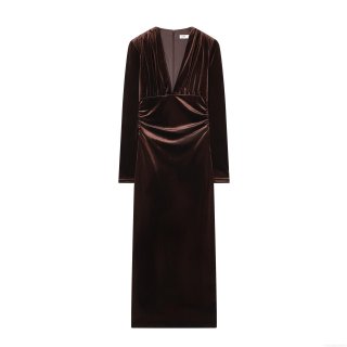 Elegant Deep V-Neck Velvet Midi Dress For Women Slim Fit Ruched Long Sleeve Polyester Velveteen Evening Party Dress Cocktail Bodycon Gown