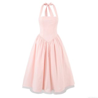 Women's Retro Halter Neck Midi Dress Backless Cross Straps A-Line Party Dress With Mesh Hem Polyester Cotton Blend Sexy Prom Evening Dress