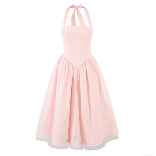 Women's Retro Halter Neck Midi Dress Backless Cross Straps A-Line Party Dress With Mesh Hem Polyester Cotton Blend Sexy Prom Evening Dress