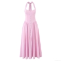 Women Sexy Halter Neck Backless Midi Dress Pink White Sleeveless V-Neck Button Front A-Line Split High Waist Summer Vacation Party Polyester Spandex Outfits