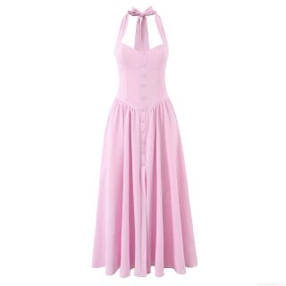 Women Sexy Halter Neck Backless Midi Dress Pink White Sleeveless V-Neck Button Front A-Line Split High Waist Summer Vacation Party Polyester Spandex Outfits