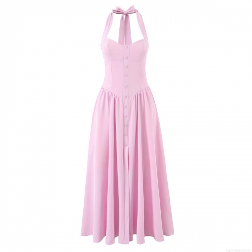 Women Sexy Halter Neck Backless Midi Dress Pink White Sleeveless V-Neck Button Front A-Line Split High Waist Summer Vacation Party Polyester Spandex Outfits