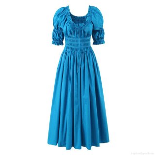 Women Puff Sleeve Dress 100% Cotton Smocked High Waist Square Neck Drawstring Midi Dress Elegant Summer Vacation Party Sweet A-Line Long Dresses