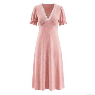 Women French Vintage Polka Dot Midi Dress Elegant V Neck Lace Trim Short Puff Sleeve High Waist Rayon Summer Vacation Dresses For Women
