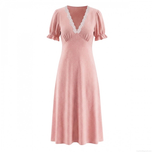 Women French Vintage Polka Dot Midi Dress Elegant V Neck Lace Trim Short Puff Sleeve High Waist Rayon Summer Vacation Dresses For Women
