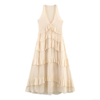 Women's Sexy Sleeveless Deep V-Neck Layered Ruffle Midi Dress Bohemian Chiffon Tiered Cake Dress For Summer Vacation Party Date Cream