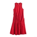 Women's Elegant Red Sleeveless Midi Dress Fashion Ruched Drawstring Round Neck Polyester Dress For Party Daily