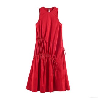Women's Elegant Red Sleeveless Midi Dress Fashion Ruched Drawstring Round Neck Polyester Dress For Party Daily