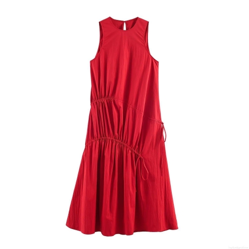 Women's Elegant Red Sleeveless Midi Dress Fashion Ruched Drawstring Round Neck Polyester Dress For Party Daily