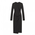 Women Sexy V Neck Wrap Midi Dress Elegant Long Sleeve Pleated Bodycon Dress With Gold Buttons Polyester Solid Black Evening Party Club Dress For Women