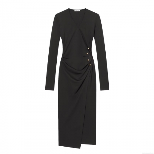 Women Sexy V Neck Wrap Midi Dress Elegant Long Sleeve Pleated Bodycon Dress With Gold Buttons Polyester Solid Black Evening Party Club Dress For Women