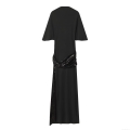 Elegant Women's Solid Black Polyester Dress With Sequined Belted Waist Cape Sleeves Sexy Slim Fit Midi Party Evening Bodycon Dress
