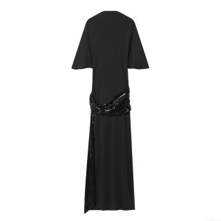 Elegant Women's Solid Black Polyester Dress With Sequined Belted Waist Cape Sleeves Sexy Slim Fit Midi Party Evening Bodycon Dress