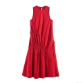Women Red Sleeveless Midi Dress Polyester Blend Drawstring Ruching A-Line Party Sundress Sexy Clubwear Solid Color Summer Casual Elegant Outfit
