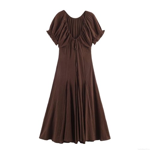 Women Elegant V-Neck Short Sleeve Lantern Sleeve Pleated Midi Dress High Waist Back Tie Solid Color Fairy Style Summer Vacation Party Long Dress