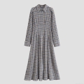 Women's Retro Plaid Shirt Dress Long Sleeve Seersucker Button Down Midi Dress High Waist Checked Turn-down Collar Casual Gown for Lady