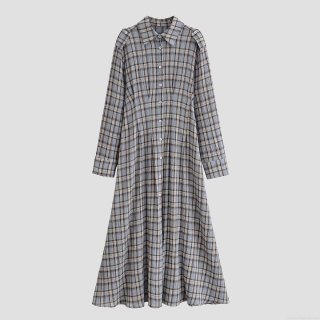 Women's Retro Plaid Shirt Dress Long Sleeve Seersucker Button Down Midi Dress High Waist Checked Turn-down Collar Casual Gown for Lady