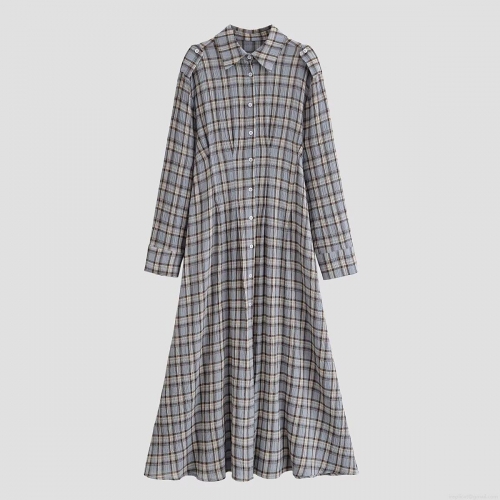 Women's Retro Plaid Shirt Dress Long Sleeve Seersucker Button Down Midi Dress High Waist Checked Turn-down Collar Casual Gown for Lady