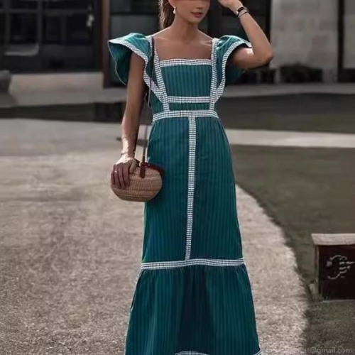 Fashion Square Neck Colorblock Stitching Plaid Midi Dress Women Sexy Sleeveless Ruffle Fly Sleeve Slim Fit Summer Party Vacation Dresses