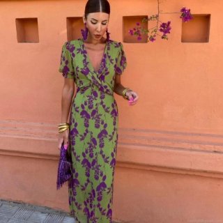 Women Summer Floral Print V-Neck Midi Dress Short Puff Sleeve Pleated Slim Waist Polyester Vacation Beach Elegant Dresses For Lady