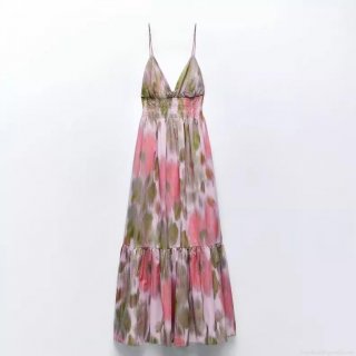 French Style Abstract Floral Tie-Dye Midi Dress For Women Sexy Spaghetti Strap Smocked Waist Tie-Back Layered Hem Polyester Summer Vacation Dress