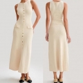 Women's Elegant Knitted Midi Dress Sleeveless Ribbed Slim Fit Bodycon Pencil Dress With Gold Decorative Buttons And Fake Pockets For Casual Daily Party Spring Summer Cream Apricot