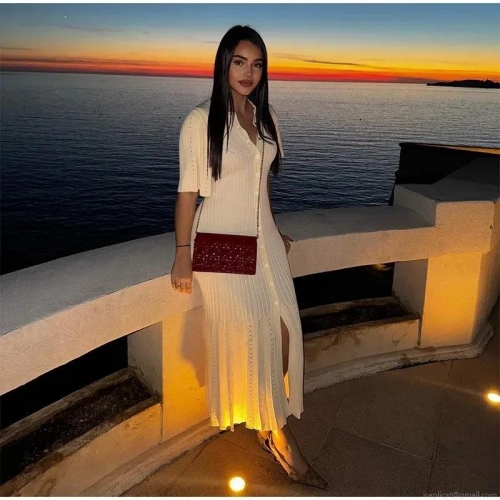 Elegant Ice Silk Polyester Knitted Midi Dress For Women Sexy Short Sleeve Button Down Ribbed Bodycon Slit Summer Socialite Party Dress