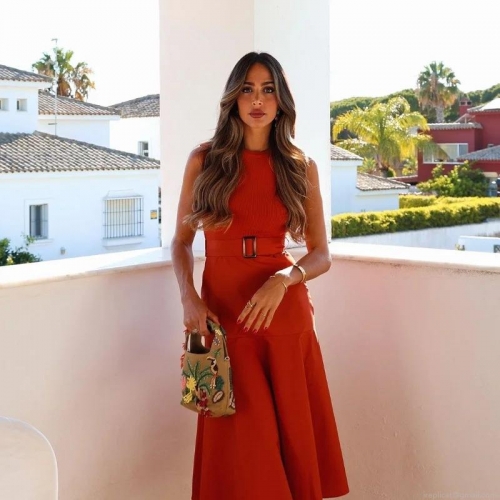 Women's Sexy Sleeveless Patchwork Midi Dress With Belt Ribbed Knit Top And Woven Skirt Elegant Slim Fit One-Step Dress For Summer Party Vacation