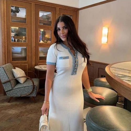 Women Elegant Knit Bodycon Maxi Dress Denim Patchwork Contrast Trim Short Sleeve Socialite Party Outfits With Gold Button Decor For Ladies