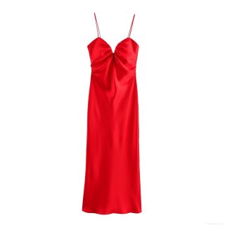 Women's Elegant Satin Midi Dress Solid Red Cami Sleeveless Bow Pleated Evening Party Gown Sexy Slim Fit Socialite Style Cocktail Dress