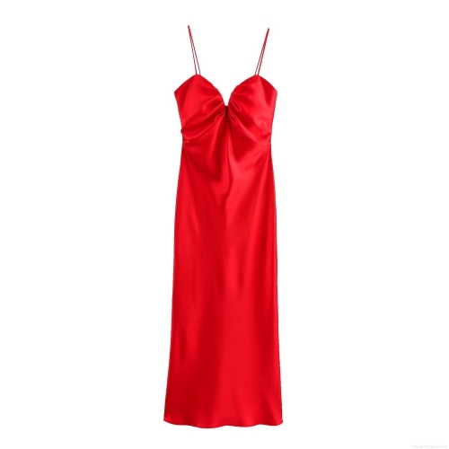 Women's Elegant Satin Midi Dress Solid Red Cami Sleeveless Bow Pleated Evening Party Gown Sexy Slim Fit Socialite Style Cocktail Dress