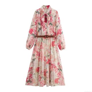 Women's Elegant Pink Floral Chiffon Midi Dress Sweet Tie Neck Long Sleeve Tiered Cake Dress With Belt For Casual Vacation Party